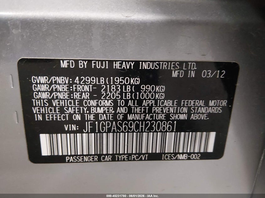 2012 Subaru Impreza VIN JF1GPAS69CH230861 IAAI salvage auction — HAIL, Salvage Title, sold $1,525 on 2026-07-14 (photo 9)