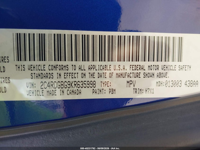 2019 Dodge Grand caravan VIN 2C4RDGBG9KR635998 IAAI salvage auction — NORMAL WEAR, Sf97 (Mississippi), sold $7,925 on 2026-08-13 (photo 9)