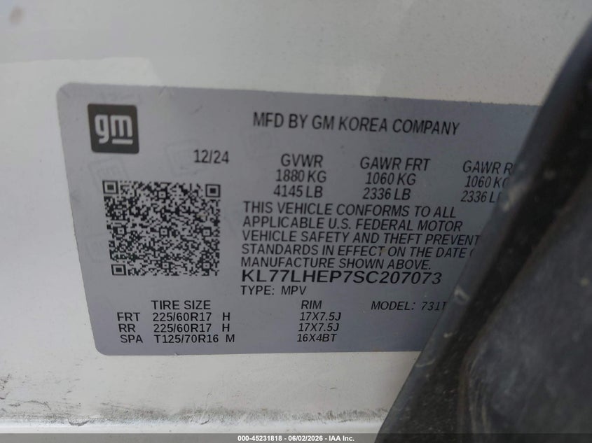2025 Chevrolet Trax VIN KL77LHEP7SC207073 IAAI salvage auction — FRONT END, Salvage (Texas), sold $3,000 on 2026-07-28 (photo 9)