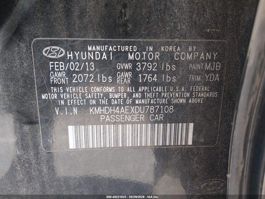 2013 Hyundai Elantra VIN KMHDH4AEXDU787108 IAAI salvage auction — NORMAL WEAR, Clear (North Carolina), sold $400 on 2026-07-15 (photo 9)