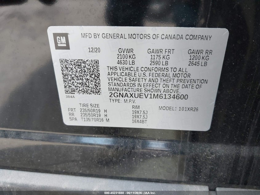 2021 Chevrolet Equinox VIN 2GNAXUEV1M6134600 IAAI salvage auction — REAR END, Salvage Title, sold $5,600 on 2026-08-01 (photo 9)