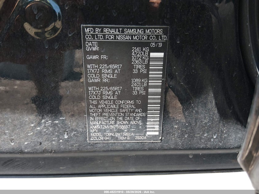 2019 Nissan Rogue VIN KNMAT2MV3KP558657 IAAI salvage auction — FRONT END, Salvage Title, sold $3,550 on 2026-07-15 (photo 9)