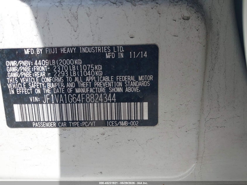 2015 Subaru Wrx VIN JF1VA1G64F8824344 IAAI salvage auction — FRONT END, Salvage Title, sold $3,400 on 2026-07-09 (photo 9)