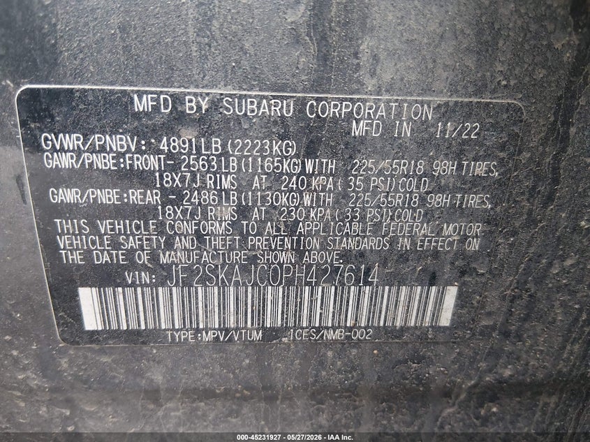 2023 Subaru Forester VIN JF2SKAJC0PH427614 IAAI salvage auction — FRONT END, Salvage (West Virginia), sold $8,200 on 2026-07-30 (photo 9)