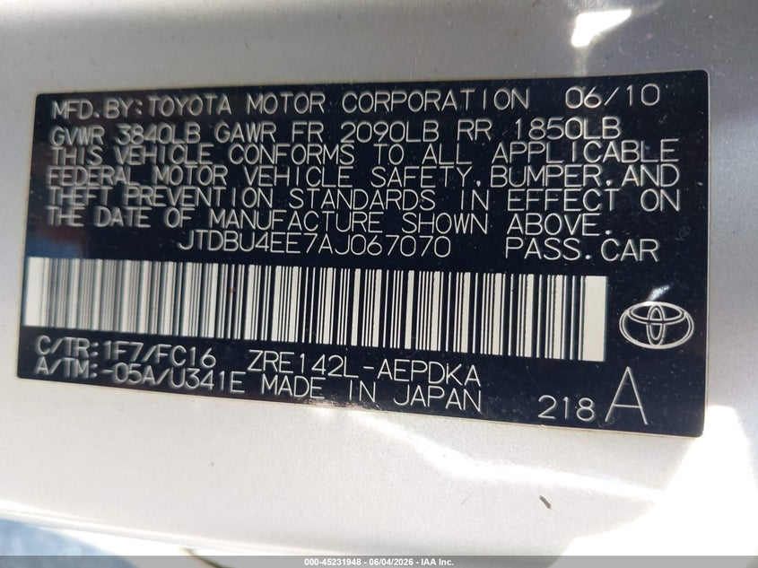 2010 Toyota Corolla VIN JTDBU4EE7AJ067070 IAAI salvage auction — LEFT FRONT, Salvage (Indiana), sold $1,050 on 2026-07-18 (photo 9)