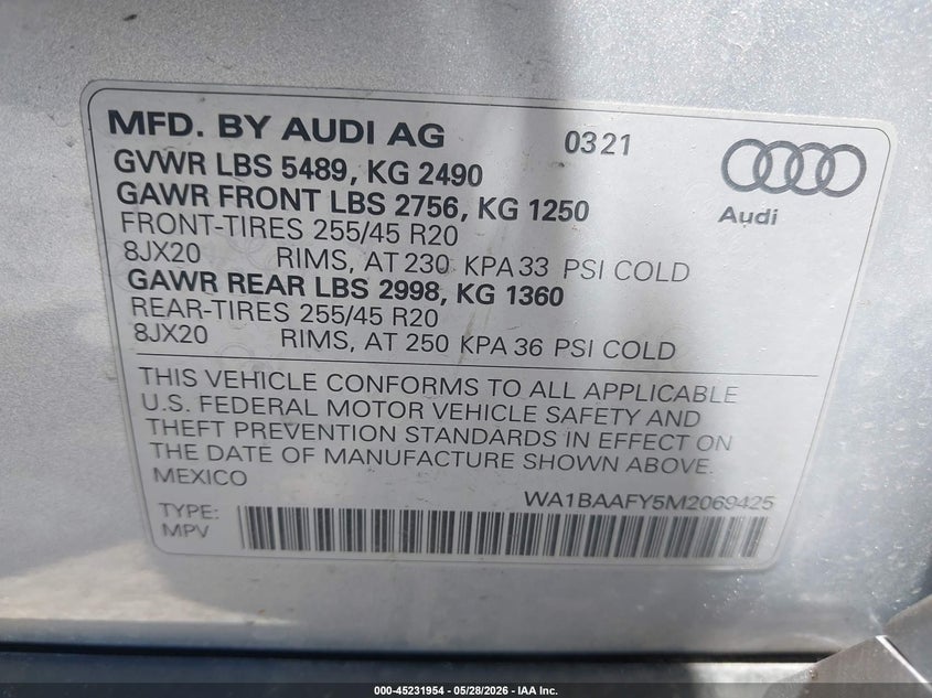 2021 Audi Q5 VIN WA1BAAFY5M2069425 IAAI salvage auction — FRONT END, Salvage Title, sold $9,300 on 2026-07-23 (photo 9)