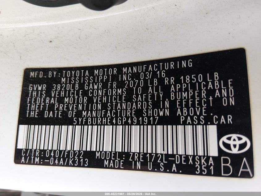 2016 Toyota Corolla VIN 5YFBURHE4GP491917 IAAI salvage auction — FRONT & REAR, Salvage Title, sold $2,100 on 2026-07-21 (photo 9)