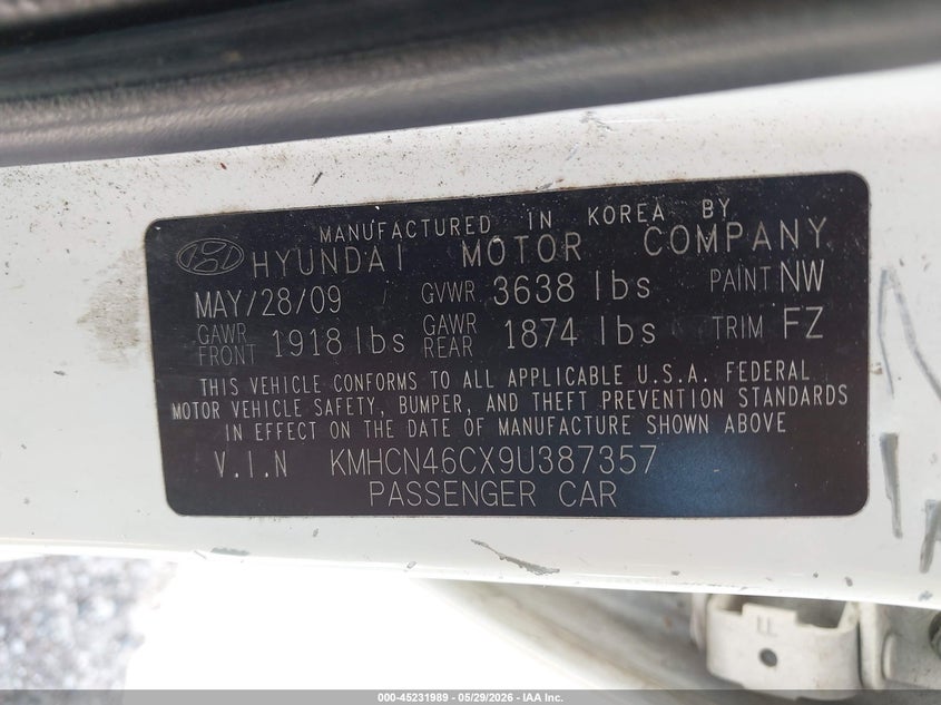 2009 Hyundai Accent VIN KMHCN46CX9U387357 IAAI salvage auction — SIDE, Original (Texas), sold $725 on 2026-07-29 (photo 9)