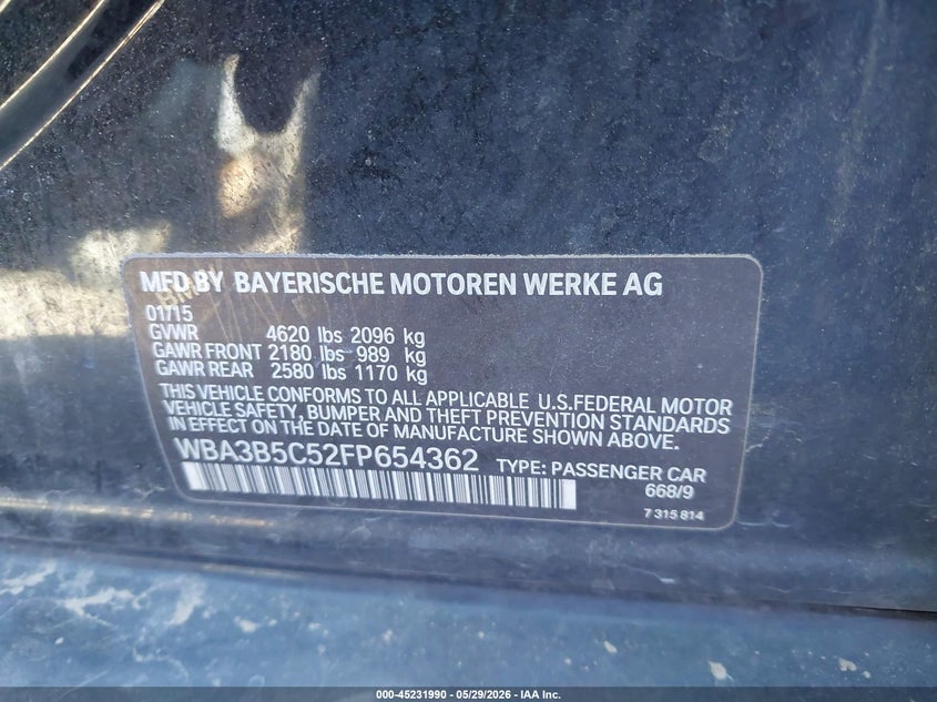2015 BMW 3er VIN WBA3B5C52FP654362 IAAI salvage auction — NORMAL WEAR, Clear-Dealer Only (Arizona), sold $300 on 2026-07-14 (photo 9)