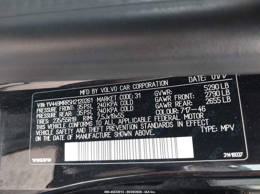 2017 Volvo Xc60 VIN YV449MRR5H2120261 IAAI salvage auction — SIDE, Salvage Title, sold $1,700 on 2026-07-20 (photo 9)