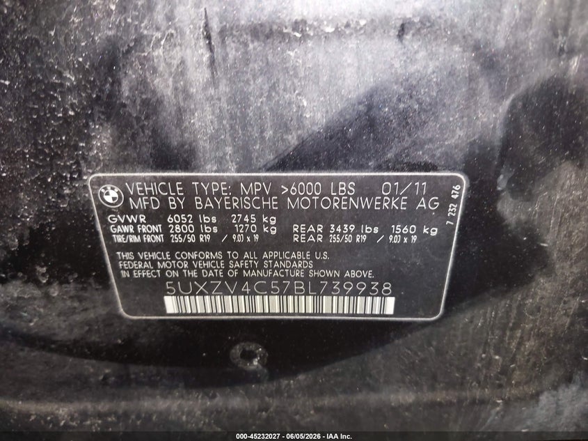 2011 BMW X5 VIN 5UXZV4C57BL739938 IAAI salvage auction — NORMAL WEAR, Clear (Pennsylvania), sold $225 on 2026-07-09 (photo 9)