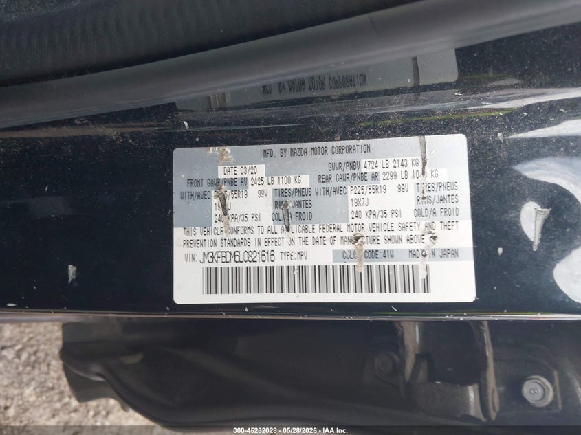 2020 Mazda Cx-5 VIN JM3KFBDM6L0821616 IAAI salvage auction — FRONT END, Salvage (New Jersey), sold $5,775 on 2026-07-13 (photo 9)