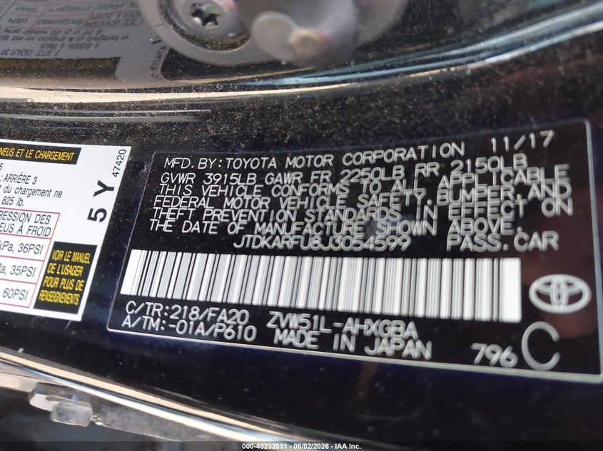 2018 Toyota Prius VIN JTDKARFU8J3054599 IAAI salvage auction — FRONT END, Salvage Title, sold $3,650 on 2026-07-15 (photo 9)