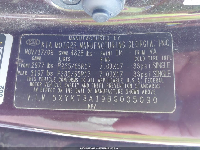 2011 Kia Sorento VIN 5XYKT3A19BG005090 IAAI salvage auction — ROLLOVER, Mv-907A (New York), sold $925 on 2026-07-09 (photo 9)