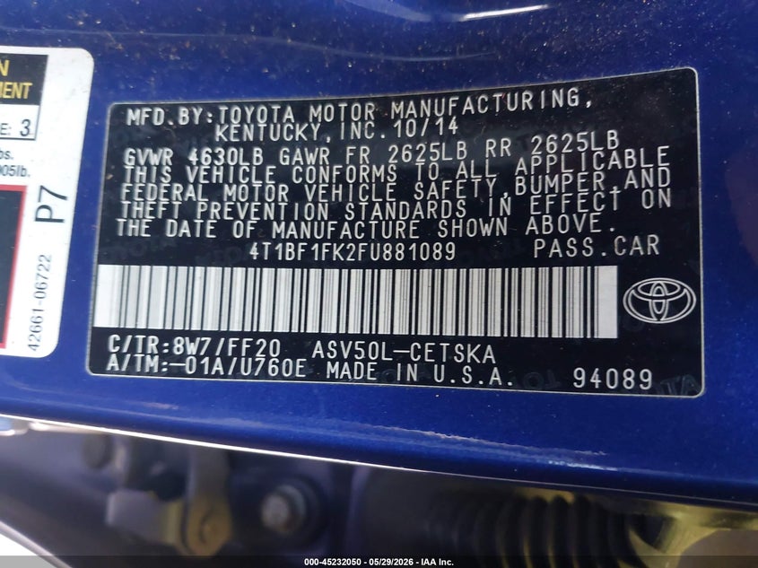 2015 Toyota Camry VIN 4T1BF1FK2FU881089 IAAI salvage auction — NORMAL WEAR, Clear (Florida), sold $1,900 on 2026-08-01 (photo 9)