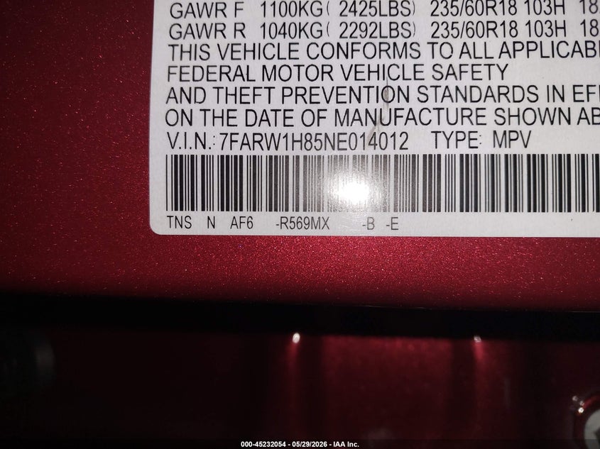 2022 Honda Cr-v VIN 7FARW1H85NE014012 IAAI salvage auction — FRONT END, Salvage Title, sold $4,050 on 2026-07-09 (photo 9)