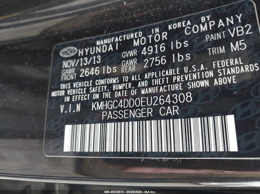 2014 Hyundai Genesis VIN KMHGC4DD0EU264308 IAAI salvage auction — FRONT END, Salvage Title, sold $500 on 2026-07-08 (photo 9)