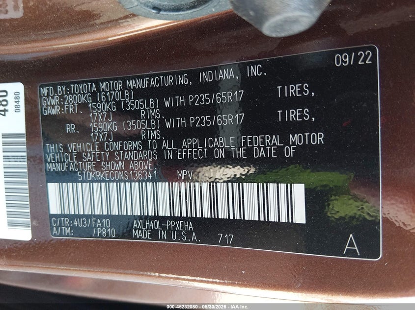2022 Toyota Sienna VIN 5TDKRKEC0NS136341 IAAI salvage auction — LEFT FRONT, Salvage Title, sold $11,100 on 2026-07-24 (photo 9)