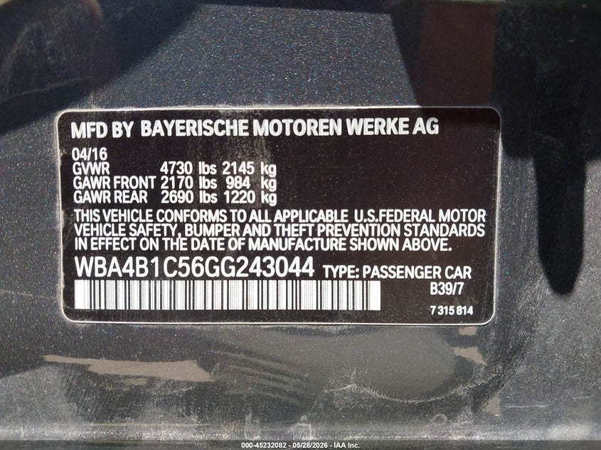 2016 BMW 4er VIN WBA4B1C56GG243044 IAAI salvage auction — FRONT END, Salvage Title, sold $675 on 2026-07-28 (photo 9)