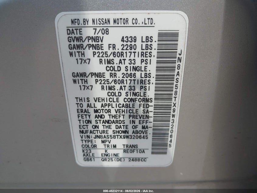 2009 Nissan Rogue VIN JN8AS58TX9W320645 IAAI salvage auction — REAR END, Nrc Lienholder Repossession Paperwork (Texas), sold $575 on 2026-07-14 (photo 9)