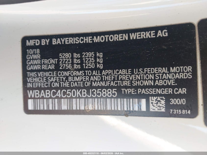 2019 BMW 8er VIN WBABC4C50KBJ35885 IAAI salvage auction — FRONT END, Salvage Title, sold $11,250 on 2026-07-13 (photo 9)