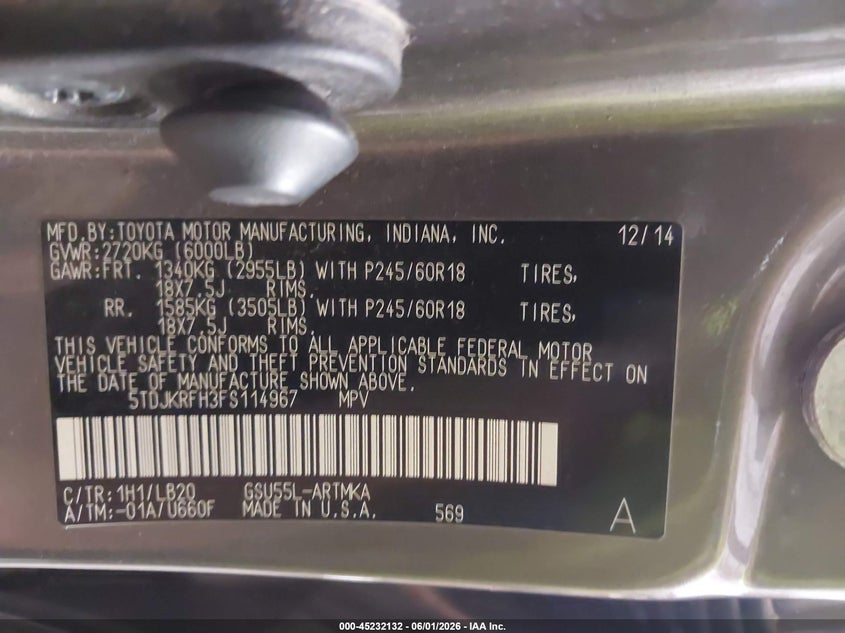 2015 Toyota Highlander VIN 5TDJKRFH3FS114967 IAAI salvage auction — HAIL, Salvage Title, sold $6,850 on 2026-07-07 (photo 9)