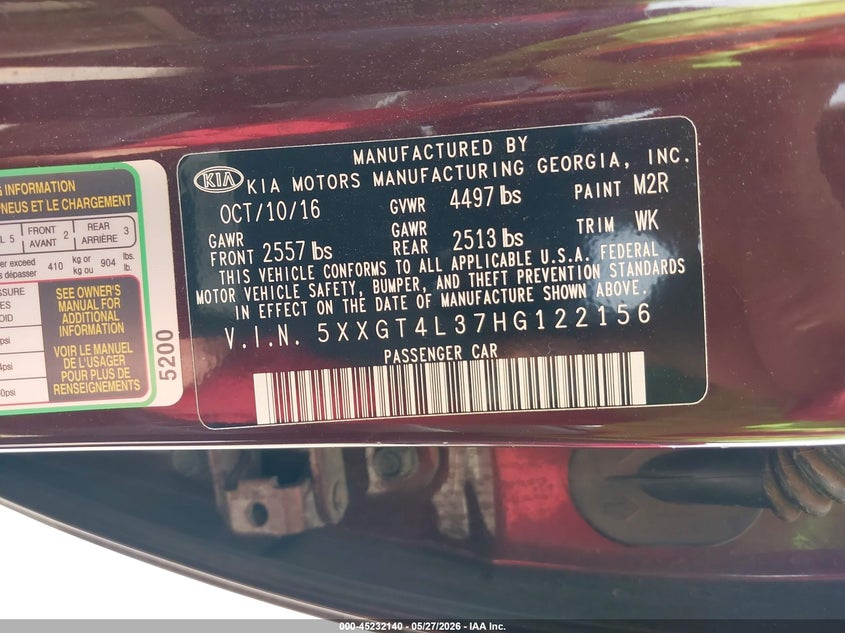 2017 Kia Optima VIN 5XXGT4L37HG122156 IAAI salvage auction — RIGHT FRONT, Original (Texas), sold $2,150 on 2026-07-30 (photo 9)