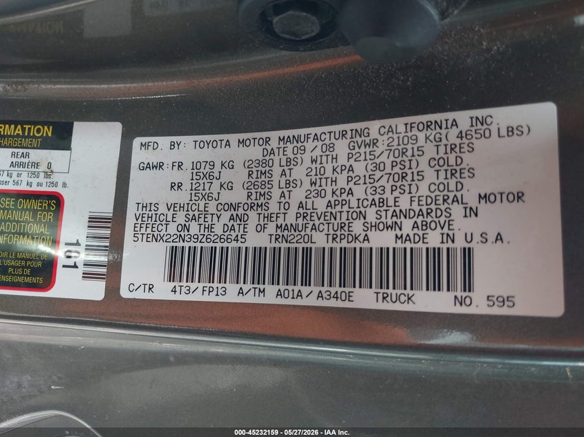2009 Toyota Tacoma VIN 5TENX22N39Z626645 IAAI salvage auction — NORMAL WEAR, Salvage (Texas), sold $3,000 on 2026-07-17 (photo 9)