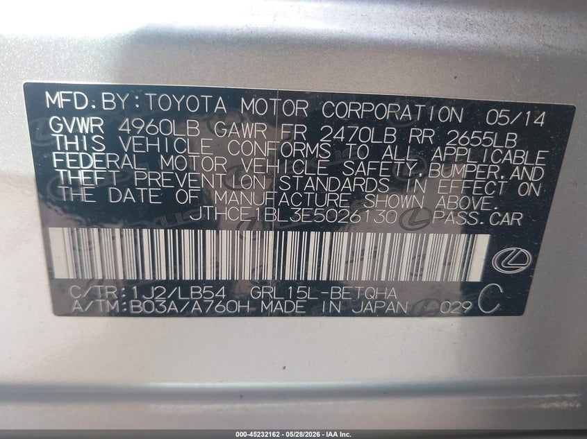 2014 Lexus Gs VIN JTHCE1BL3E5026130 IAAI salvage auction — FRONT END, Salvage Title, sold $6,225 on 2026-07-17 (photo 9)