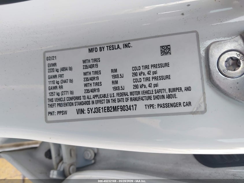 2021 Tesla Model 3 VIN 5YJ3E1EB2MF903417 IAAI salvage auction — REAR END, Salvage (Georgia), sold $7,100 on 2026-07-30 (photo 9)