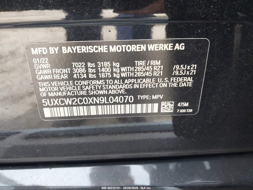 2022 BMW X7 VIN 5UXCW2C0XN9L04070 IAAI salvage auction — REAR END, Salvage Title, sold $22,650 on 2026-07-30 (photo 9)