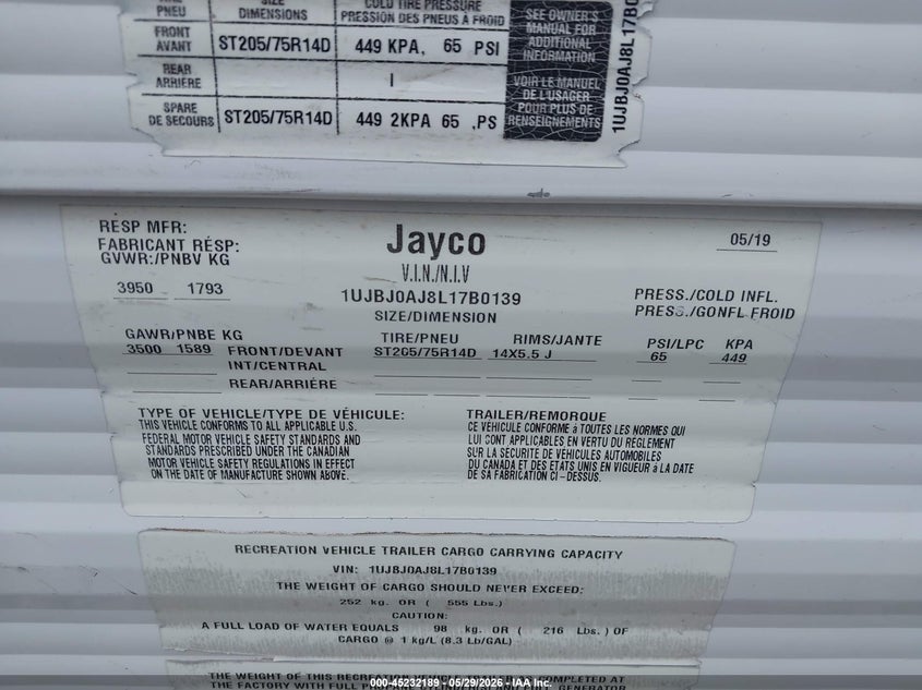 2020 Jayc 184bs VIN 1UJB10AJ8L17B0139 IAAI salvage auction — HAIL, Clear (Oklahoma), sold $2,850 on 2026-09-08 (photo 9)
