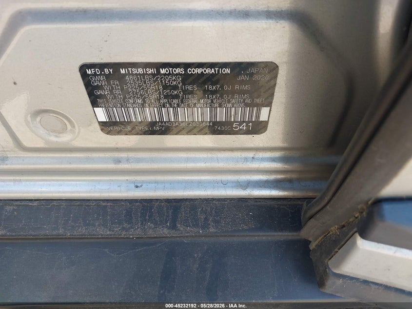 2020 Mitsubishi Outlander VIN JA4AD3A36LZ030844 IAAI salvage auction — UNKNOWN, Salvage Title, sold $2,450 on 2026-07-10 (photo 9)