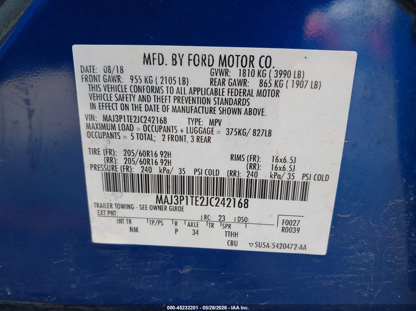 2018 Ford Ecosport VIN MAJ3P1TE2JC242168 IAAI salvage auction — FRONT END, Mv-907A (New York), sold $475 on 2026-07-09 (photo 9)