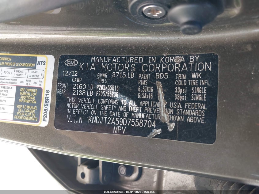 2013 Kia Soul VIN KNDJT2A59D7558704 IAAI salvage auction — FRONT & REAR, Salvage Title, sold $400 on 2026-07-14 (photo 9)