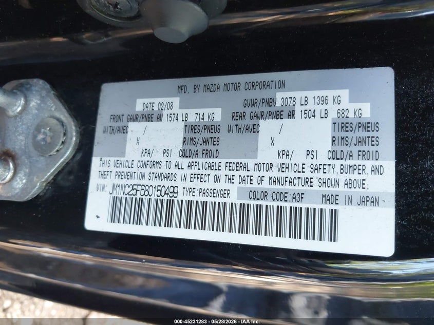 2008 Mazda Mx-5 VIN JM1NC25F680150499 IAAI salvage auction — FRONT END, Clear (Virginia), sold $550 on 2026-07-07 (photo 9)