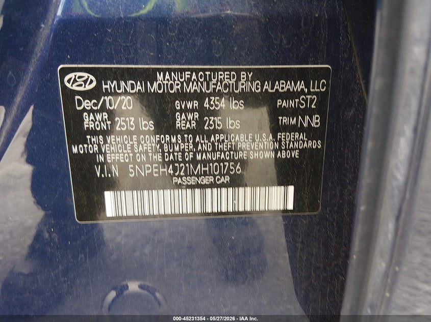 2021 Hyundai Sonata VIN 5NPEH4J21MH101756 IAAI salvage auction — RIGHT FRONT, Salvage (Illinois), sold $6,200 on 2026-07-14 (photo 9)