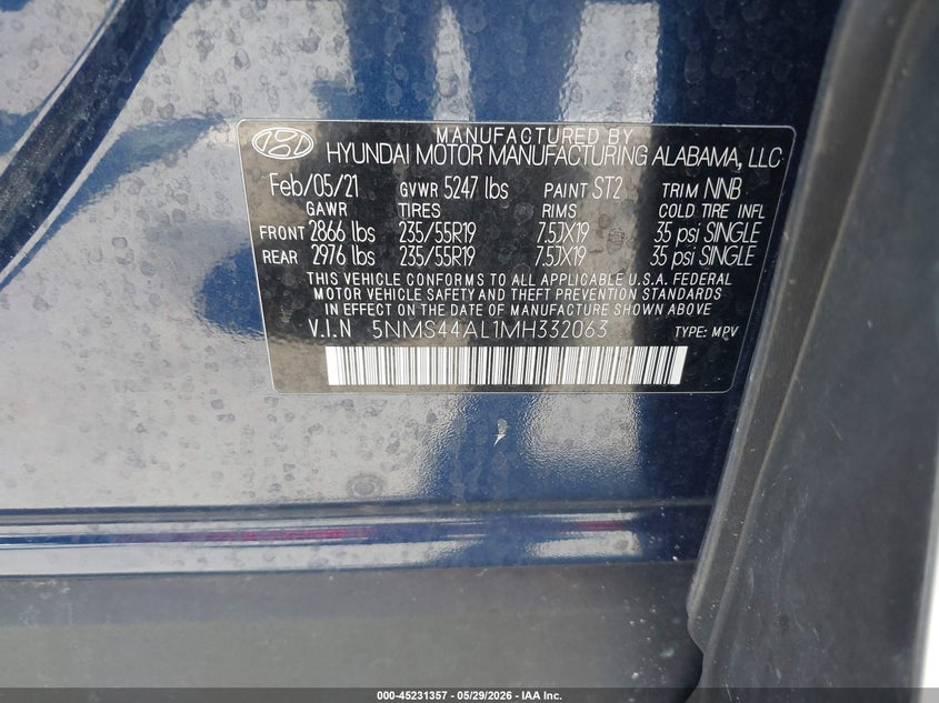 2021 Hyundai Santa fe VIN 5NMS44AL1MH332063 IAAI salvage auction — FRONT END, Salvage (North Carolina), sold $25 on 2026-07-30 (photo 9)