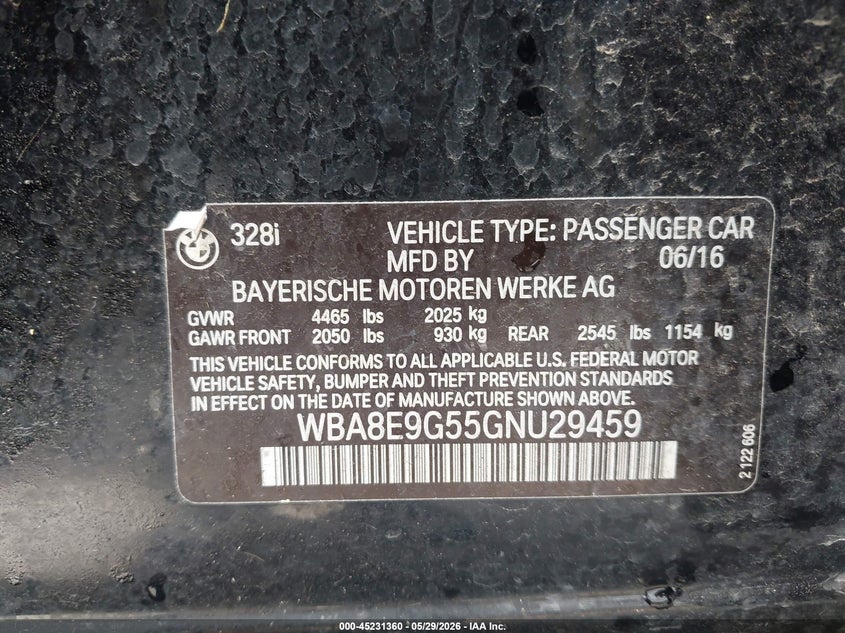 2016 BMW 3er VIN WBA8E9G55GNU29459 IAAI salvage auction — LEFT FRONT, Salvage Title, sold $3,000 on 2026-07-30 (photo 9)