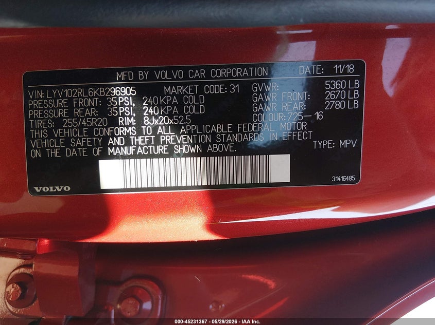 2019 Volvo Xc60 VIN LYV102RL6KB296905 IAAI salvage auction — RIGHT SIDE, Salvage Title, sold $7,250 on 2026-07-22 (photo 9)