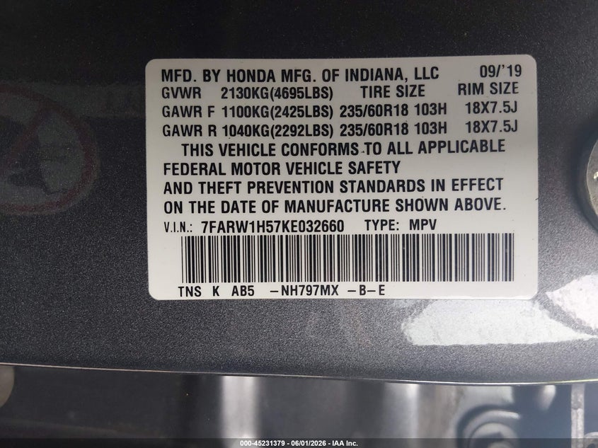 2019 Honda Cr-v VIN 7FARW1H57KE032660 IAAI salvage auction — FRONT & REAR, Salvage Title, sold $6,350 on 2026-07-25 (photo 9)