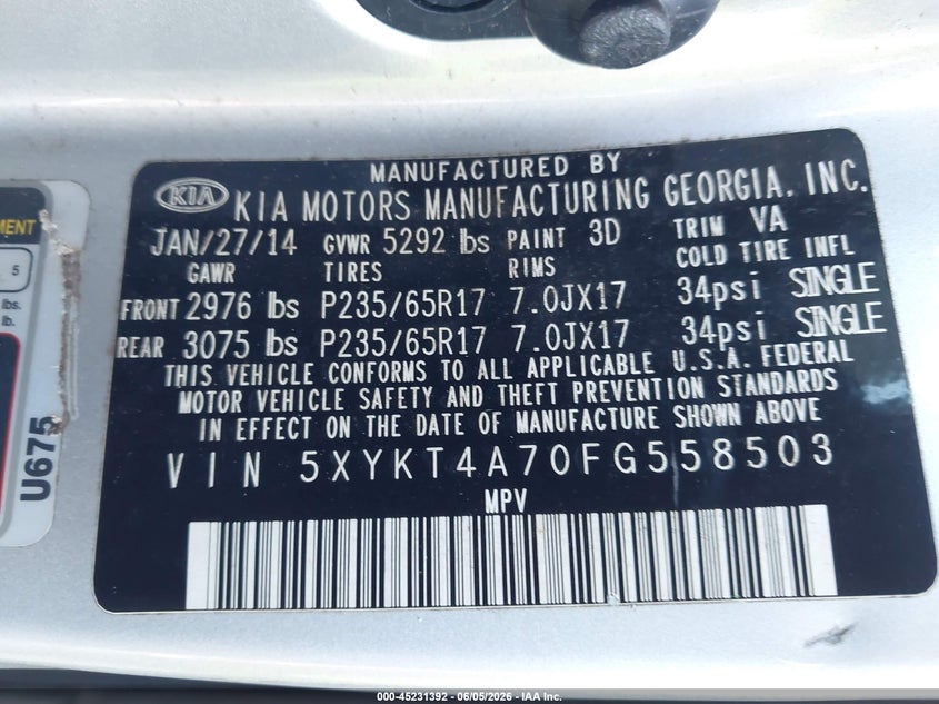 2015 Kia Sorento VIN 5XYKT4A70FG558503 IAAI salvage auction — FRONT END, Salvage Title, sold $2,000 on 2026-07-07 (photo 9)