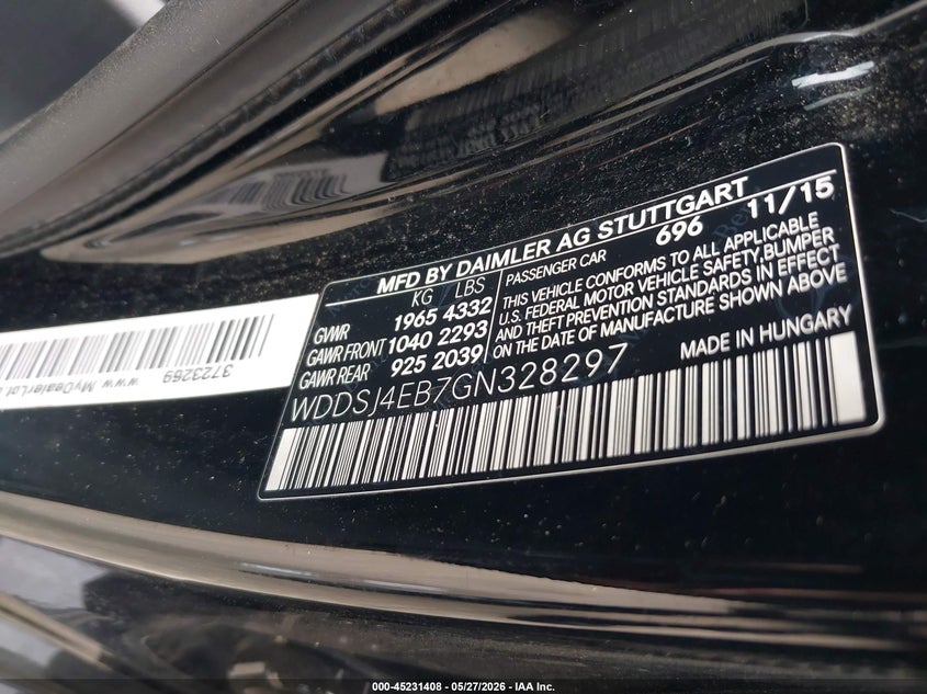 2016 Mercedes-benz VIN WDDSJ4EB7GN328297 IAAI salvage auction — NORMAL WEAR, Original (Texas), sold $1,300 on 2026-07-06 (photo 9)
