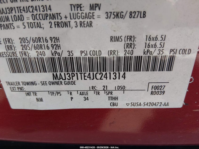 2018 Ford Ecosport VIN MAJ3P1TE4JC241314 IAAI salvage auction — FRONT END, Salvage Title, sold $1,475 on 2026-07-08 (photo 9)