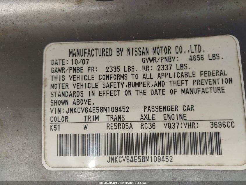 2008 Infiniti G37 VIN JNKCV64E58M109452 IAAI salvage auction — NORMAL WEAR, Clear (South Carolina), sold $300 on 2026-07-14 (photo 9)