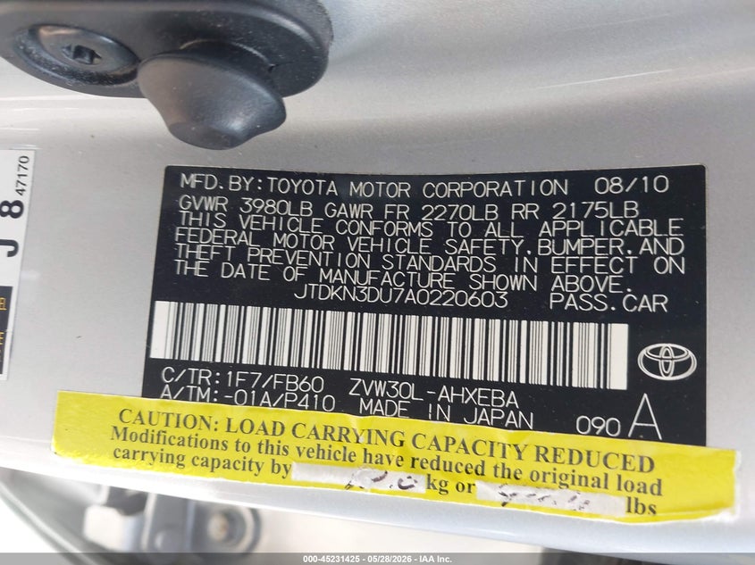 2010 Toyota Prius VIN JTDKN3DU7A0220603 IAAI salvage auction — REAR END, Salvage (Texas), sold $625 on 2026-07-29 (photo 9)