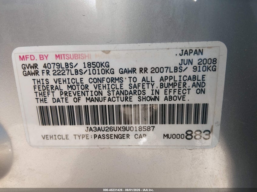 2009 Mitsubishi Lancer VIN JA3AU26UX9U018587 IAAI salvage auction — FRONT END, Salvage - Greater Than 75% (Maryland), sold $475 on 2026-07-15 (photo 9)