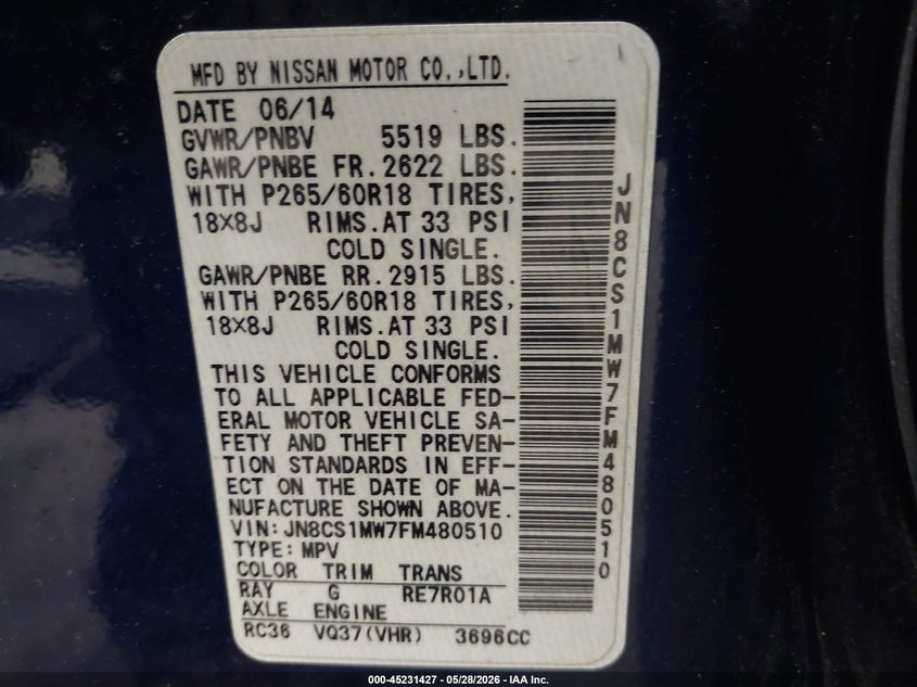 2015 Infiniti Qx70 VIN JN8CS1MW7FM480510 IAAI salvage auction — REAR END, Mv-907A (New York), sold $425 on 2026-07-23 (photo 9)