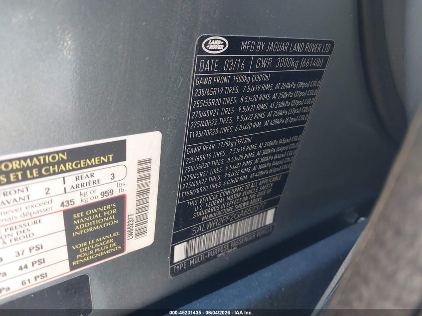 2016 Land rover Range rover sport VIN SALWR2PF2GA652377 IAAI salvage auction — SIDE, Salvage Title, sold $3,050 on 2026-07-07 (photo 9)