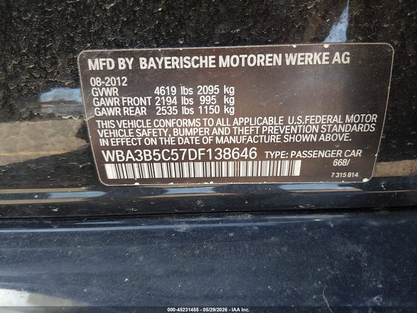 2013 BMW 3er VIN WBA3B5C57DF138646 IAAI salvage auction — RIGHT FRONT, Salvage Title, sold $650 on 2026-07-16 (photo 9)